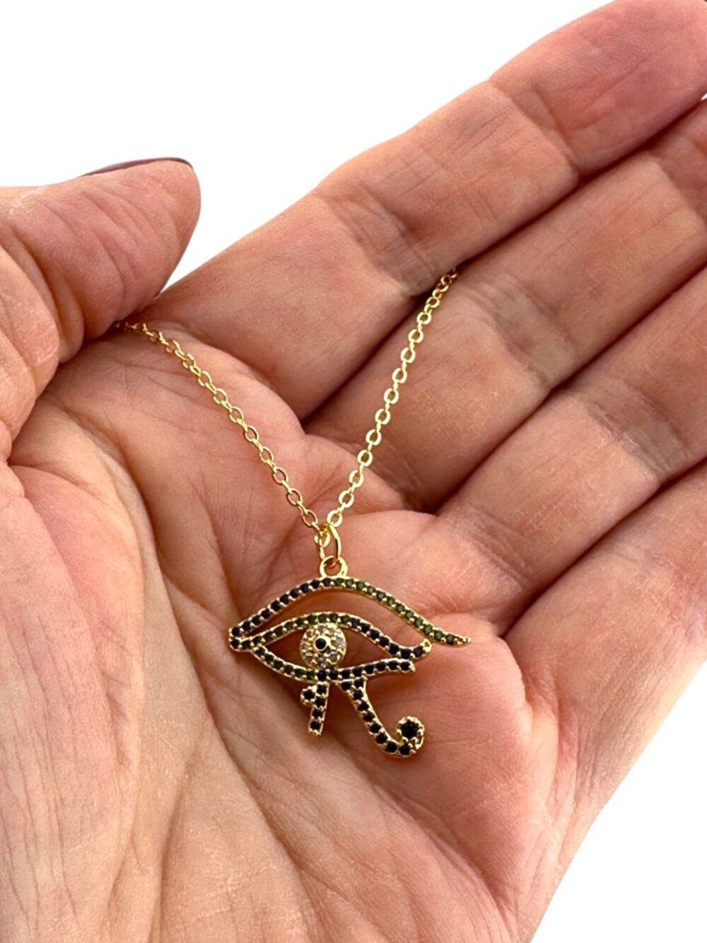 Eye of Horus Necklace 18K Gold Filled Egyptian Pendant Blue Green 16-18" - Picture 4 of 11